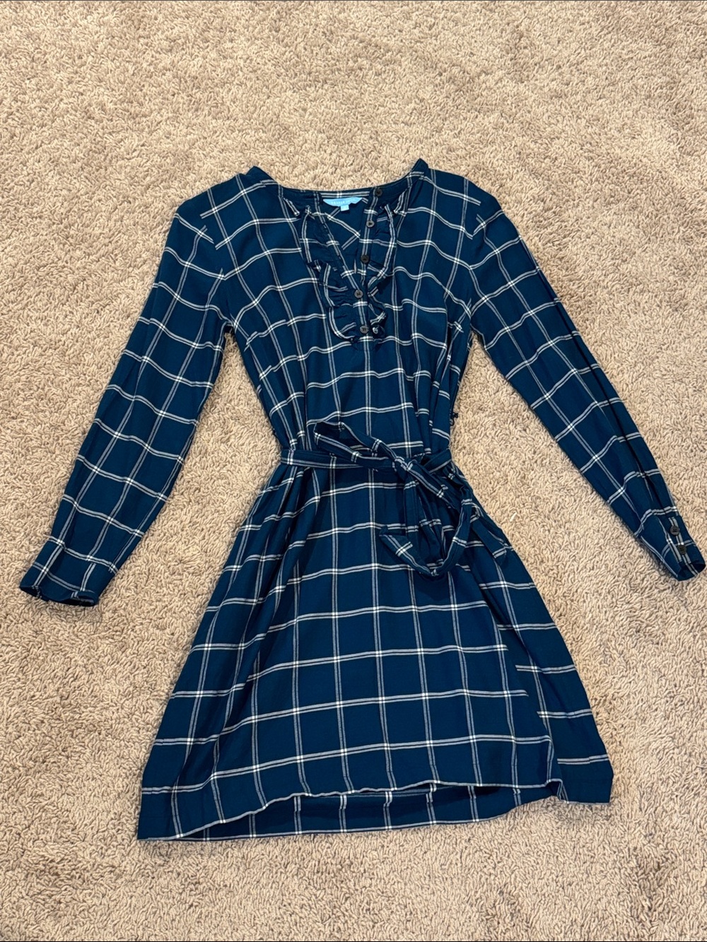 Draper James Navy Windowpane Tie Waist TLong Sleeve Dress w/ Pockets